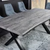 Industrial Esstisch WILD 180cm grau gekälkt Wildeiche-Design Baumkante schwarz X-Gestell