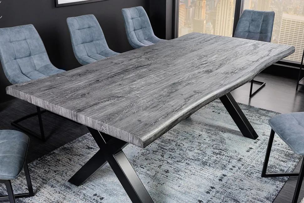 Industrial Esstisch WILD 180cm grau gekälkt Wildeiche-Design Baumkante schwarz X-Gestell