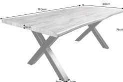 Industrial Esstisch WILD 180cm grau gekälkt Wildeiche-Design Baumkante schwarz X-Gestell