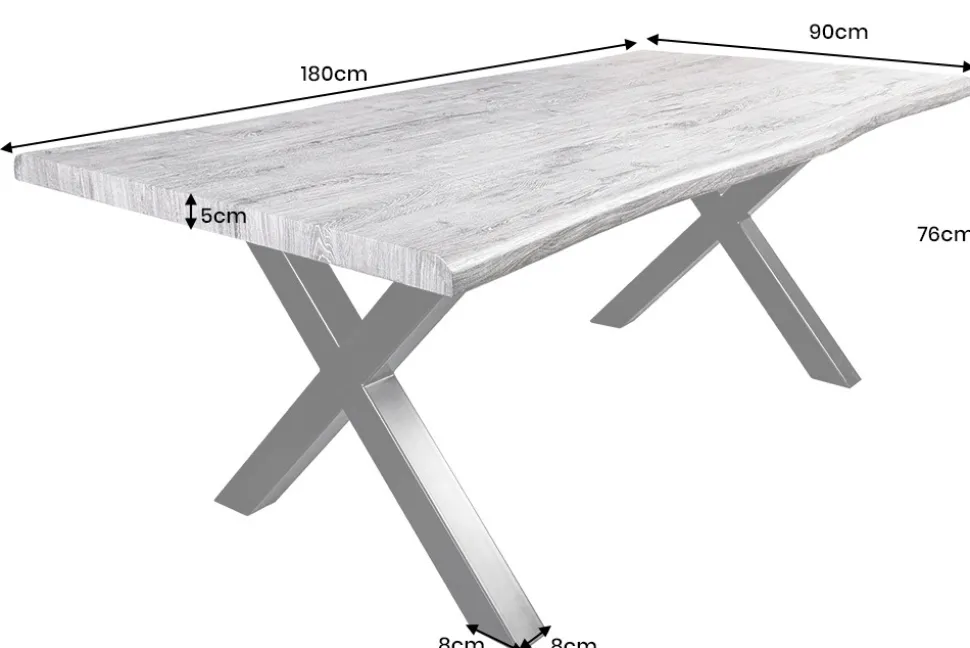 Industrial Esstisch WILD 180cm grau gekälkt Wildeiche-Design Baumkante schwarz X-Gestell