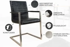 Industrial Freischwinger Stuhl LOFT antik schwarz Kunstleder mit Armlehne Edelstahl