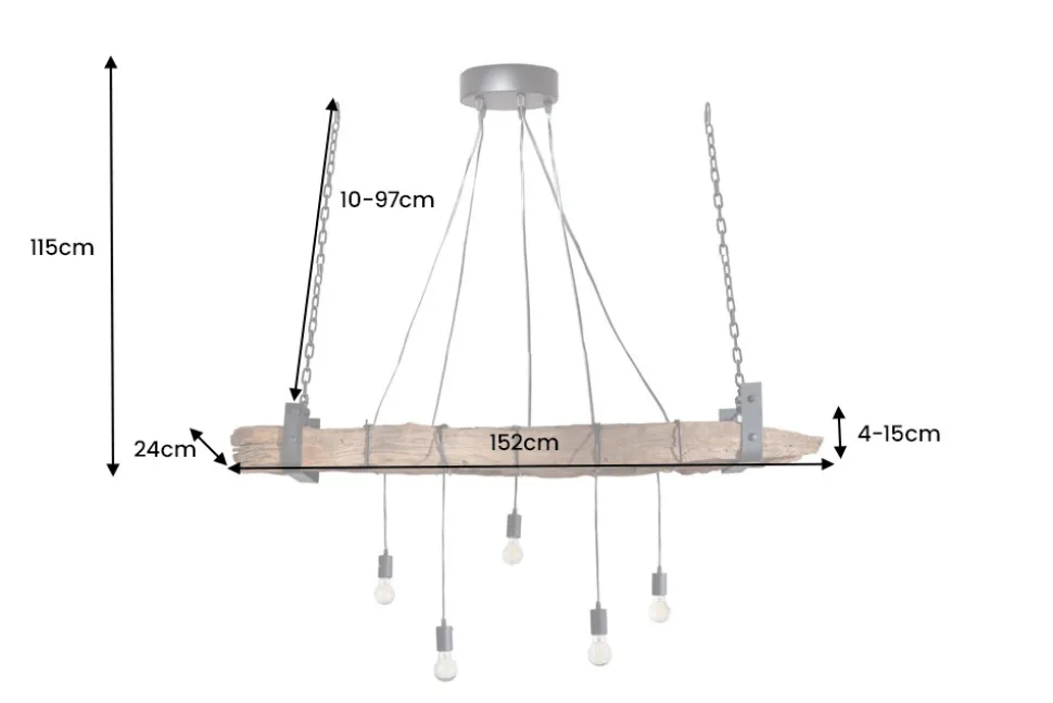 Industrial Hängelampe BARRACUDA 152cm recyceltes Massivholz mit 5 Leuchten