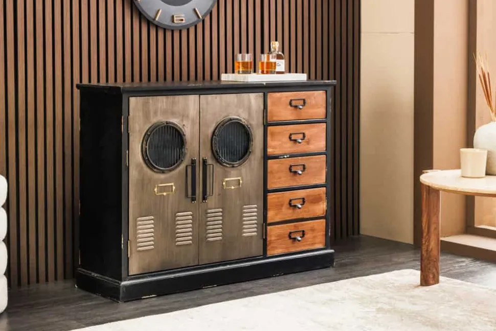 Industrial Sideboard NAUTILUS 105cm braun schwarz grau Pinienholz Metall Vintage-Look