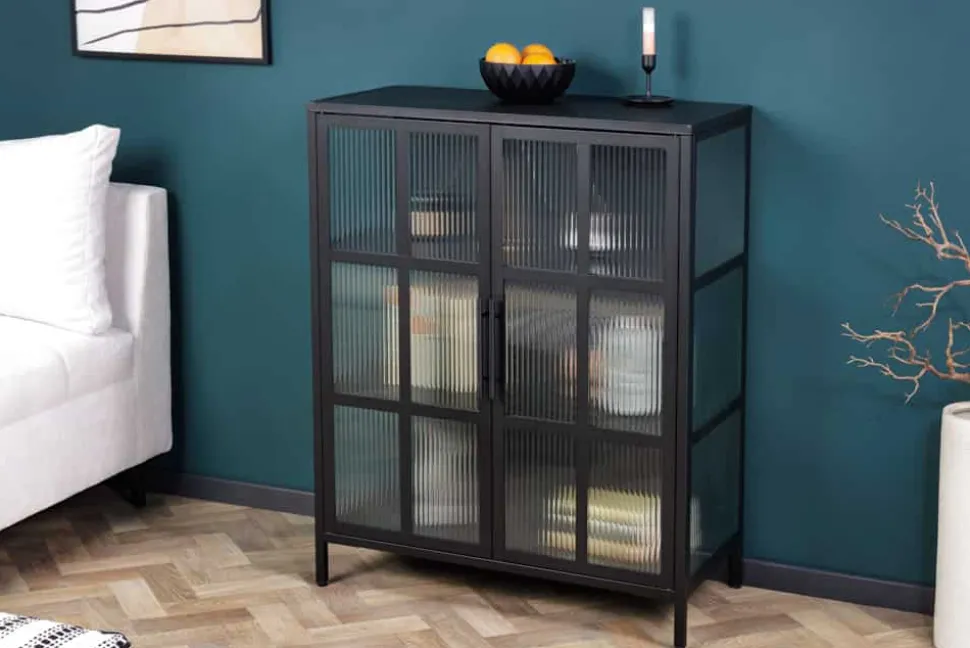 Industrial Vitrine DURA STEEL 80cm schwarz Metall Riffelglas