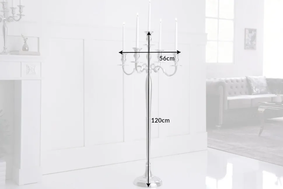 Kerzenständer MODERN BAROCK 120cm silber 5-armig Lüster Aluminium poliert Kerzenhalter