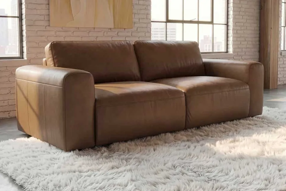 Komfortables Sofa BIG GEORGE 205cm cognac Echtleder Taschenfederkern 2-Sitzer Couch