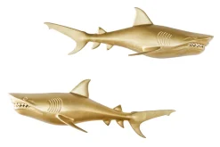 Maritime 2er Set Wanddekoration HAIE 68cm gold Metall handmade Haifisch Design Skulptur