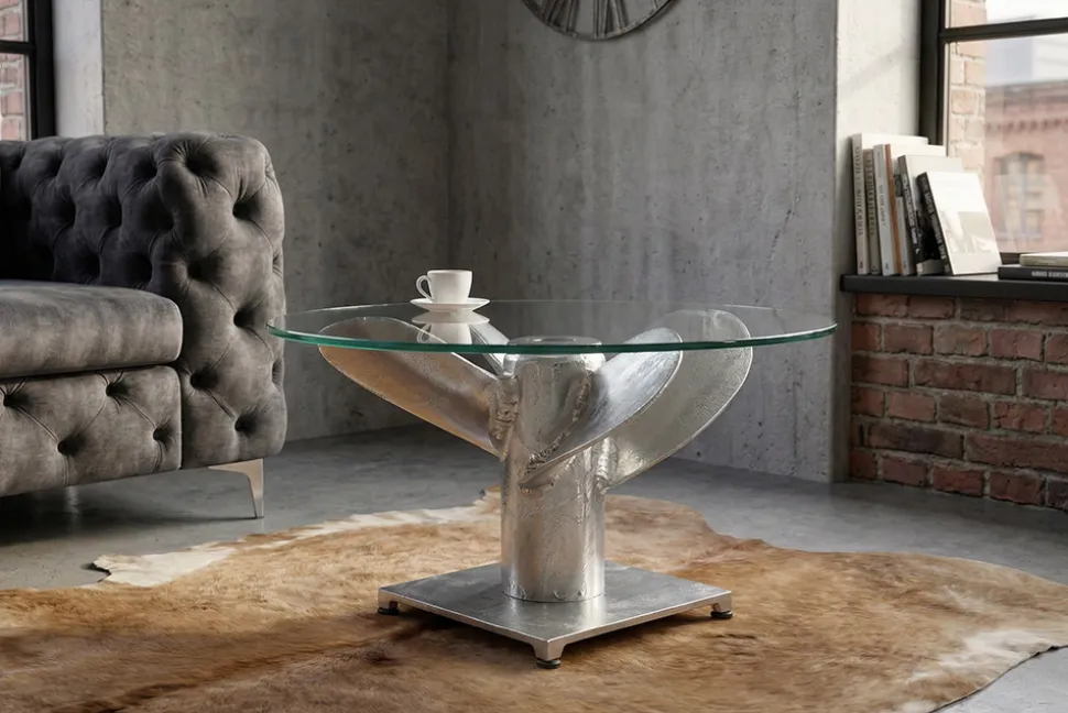 Maritimer Couchtisch OCEAN M 60cm silber antik rund Schiffsschraube Glasplatte