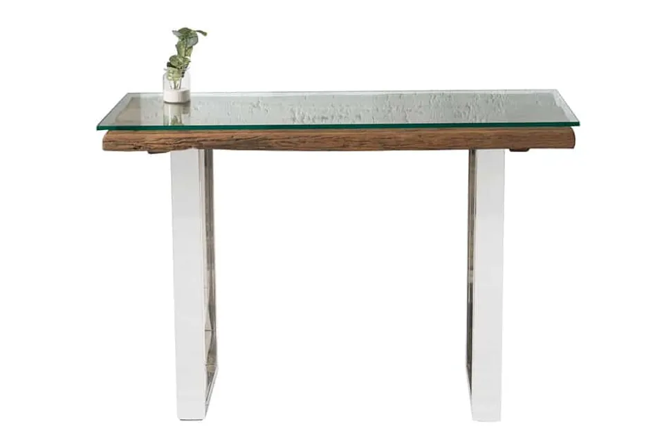 Massive Konsole BARRACUDA 120cm Teak mit Stahl Kufenfüßen inkl. Glasplatte