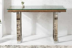 Massive Konsole BARRACUDA 120cm Teak mit Stahl Kufenfüßen inkl. Glasplatte