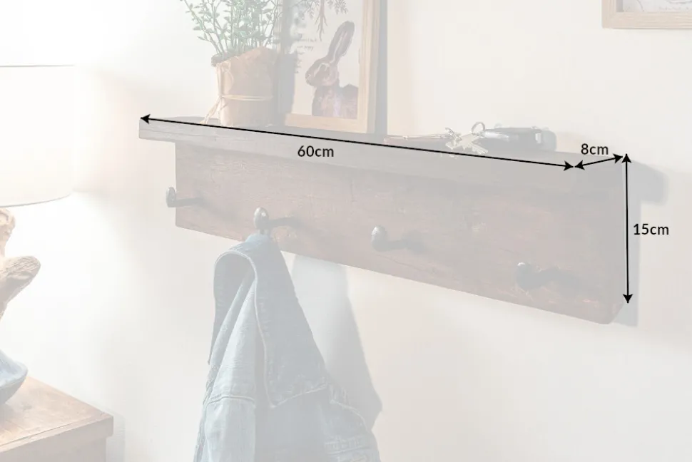 Massive Wandgarderobe HEMINGWAY 60cm natur recyceltes Teakholz mit Ablage