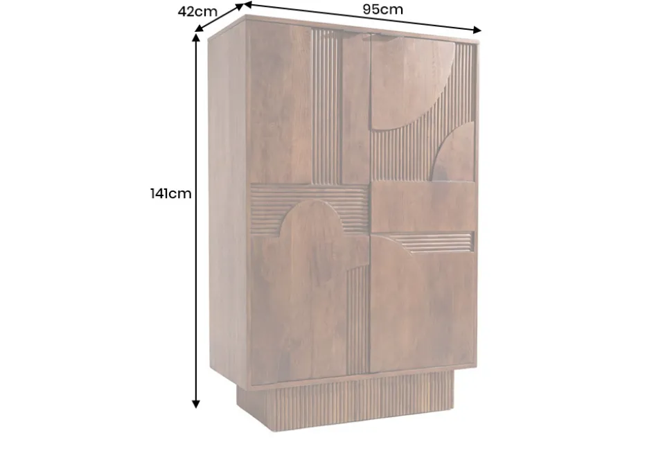 Massiver Barschrank ART DECO 140cm braun Mangoholz 3D-Front Highboard Flaschenregal