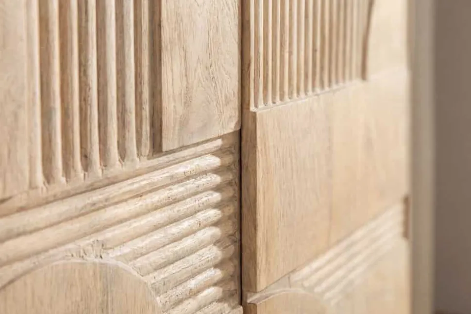 Massiver Barschrank ART DECO 140cm weiß gekälkt Mangoholz 3D-Front Highboard