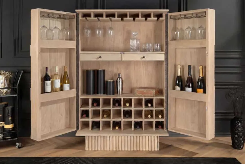 Massiver Barschrank ART DECO 140cm weiß gekälkt Mangoholz 3D-Front Highboard