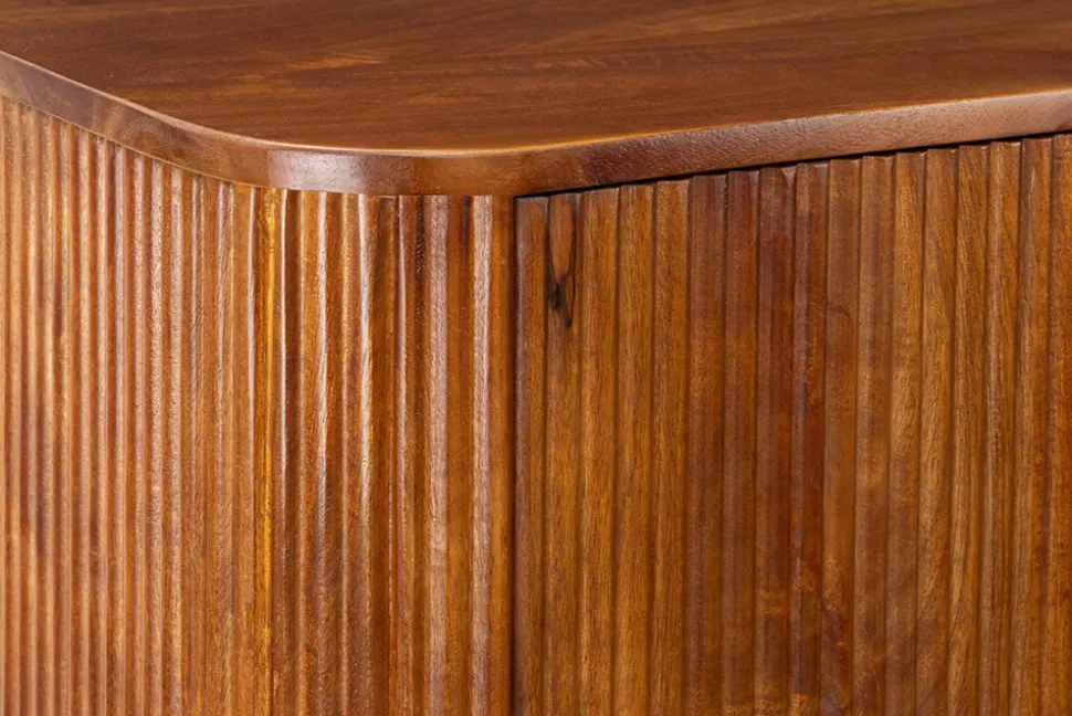 Massiver Barschrank GATSBY 140cm braun Mangoholz gold Metallgestell Retro
