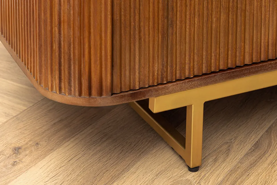 Massiver Barschrank GATSBY 140cm braun Mangoholz gold Metallgestell Retro