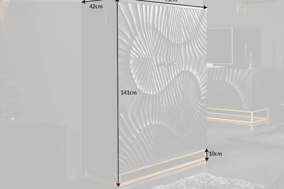 Massiver Barschrank SCORPION 141cm schwarz Mangoholz mit 3D Schnitzereien
