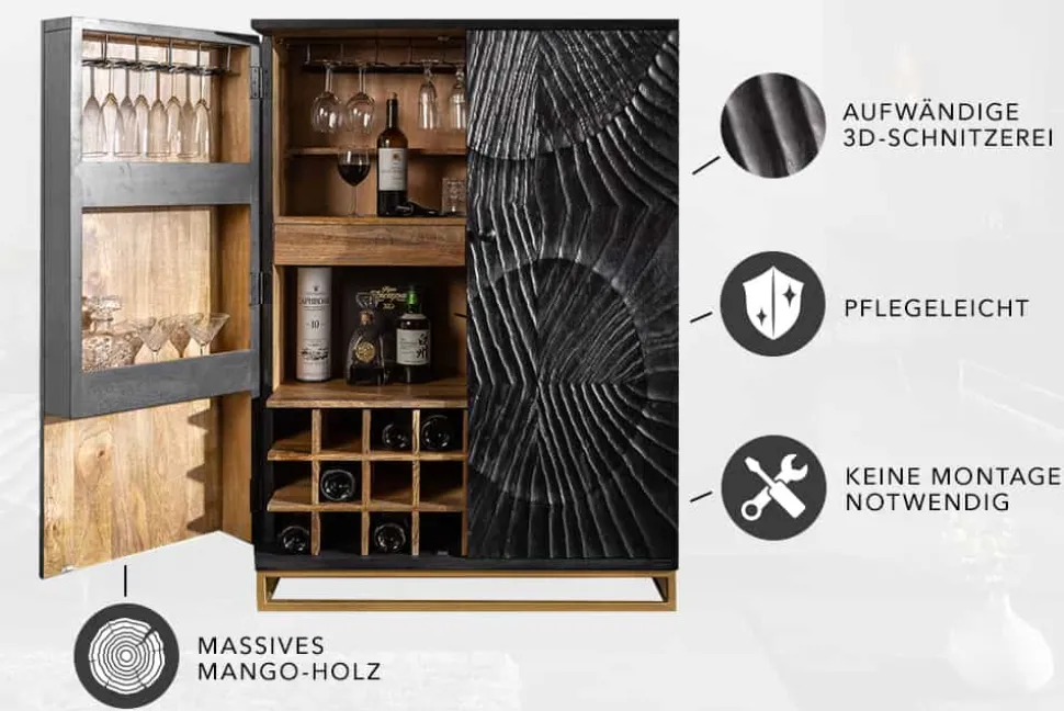 Massiver Barschrank SCORPION 141cm schwarz Mangoholz mit 3D Schnitzereien