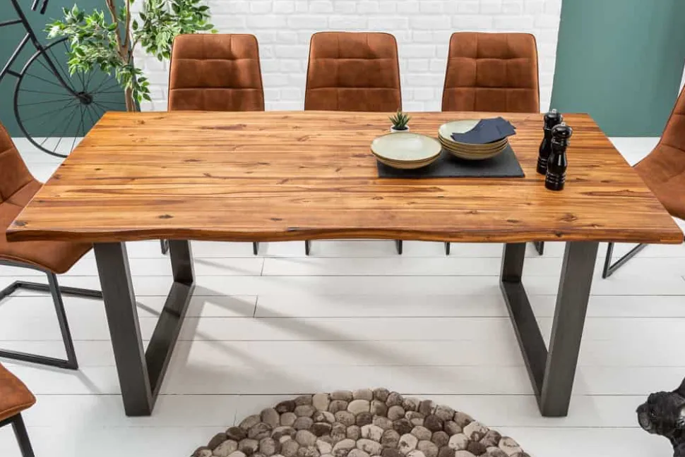 Massiver Baumstamm Esstisch GENESIS 200cm Akazie Baumkante Kufengestell Industrial Finish