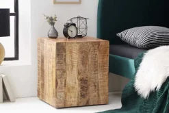 Massiver Beistelltisch FACTORY 45cm natur Mangoholz geflammt auf Rollen