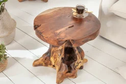 Massiver Beistelltisch ROOT 40cm Teakholz Hocker aus Wurzelholz