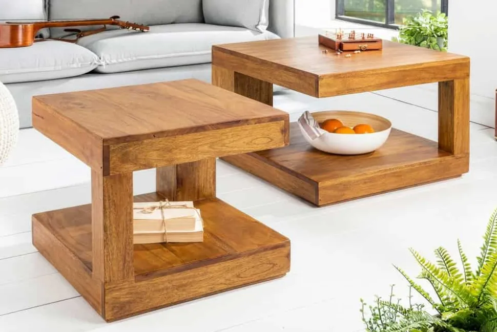 Massiver Couchtisch GIANT 45cm braun honey finish Mangoholz mit Ablagefach