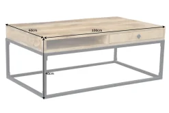 Massiver Couchtisch IRON CRAFT 100cm Mangoholz mit Schublade schwarzes Metallgestell