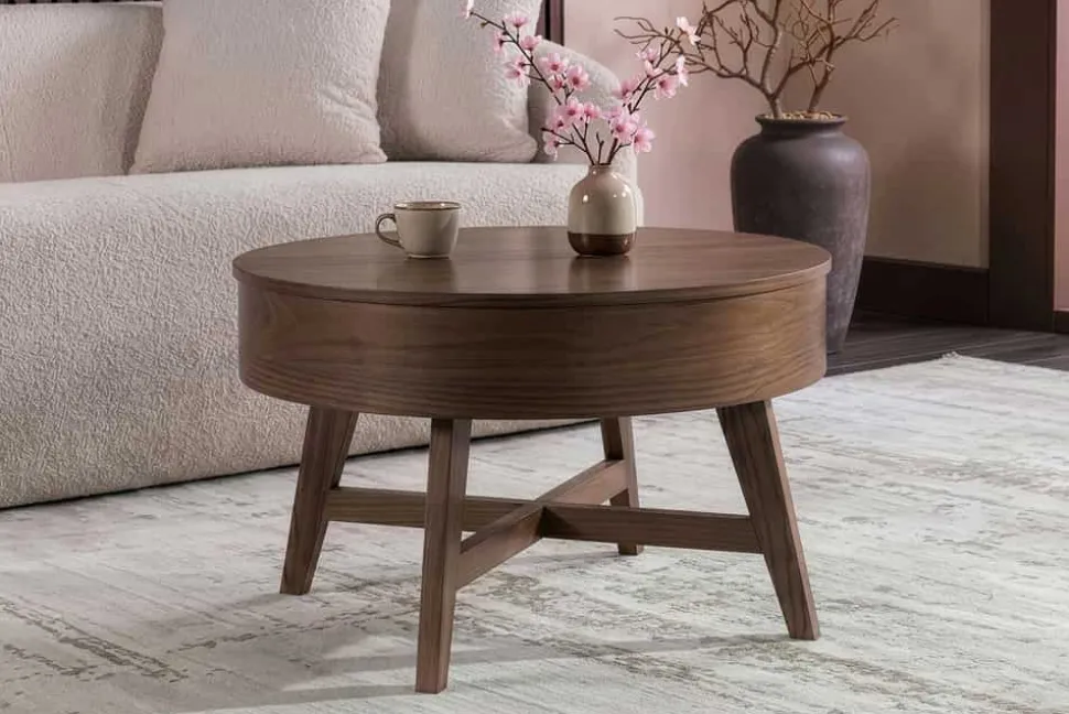 Massiver Couchtisch KYOTO 70cm braun Mangoholz im Walnuss-Design mit Stauraum
