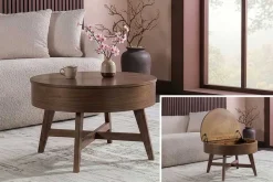 Massiver Couchtisch KYOTO 70cm braun Mangoholz im Walnuss-Design mit Stauraum