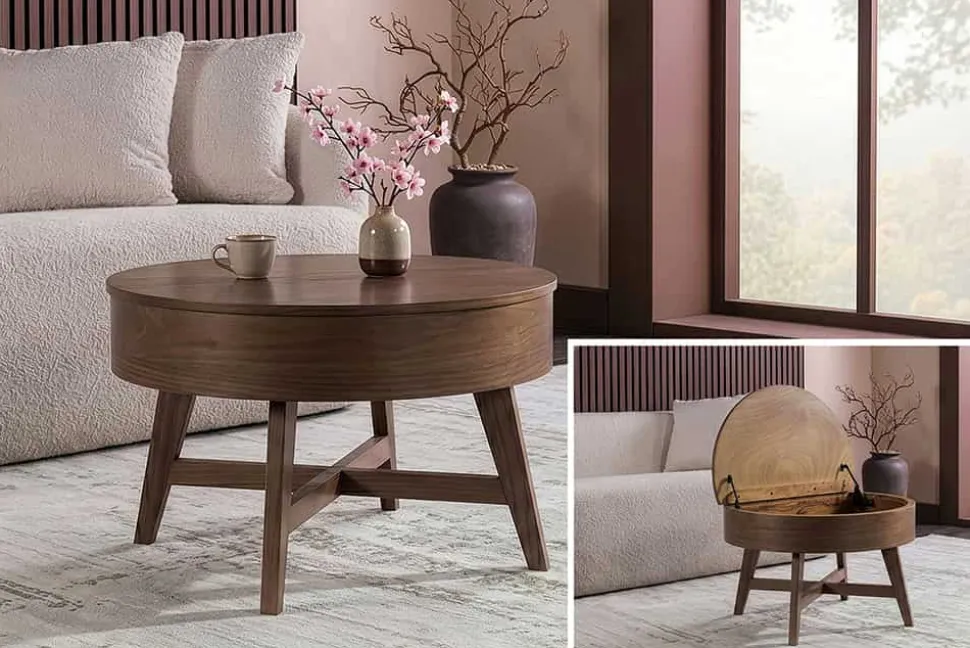 Massiver Couchtisch KYOTO 70cm braun Mangoholz im Walnuss-Design mit Stauraum