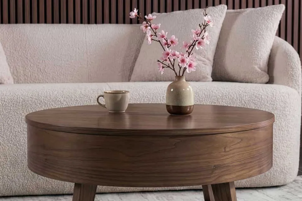 Massiver Couchtisch KYOTO 70cm braun Mangoholz im Walnuss-Design mit Stauraum