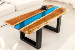 Massiver Couchtisch LIQUID 110cm braun Akazienholz Baumkante schwarz Eisen blau