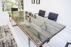 Massiver Esstisch BARRACUDA 200cm antik Teak Holz mit Stahl Kufenfüßen inkl. Glasplatte