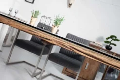 Massiver Esstisch BARRACUDA 200cm antik Teak Holz mit Stahl Kufenfüßen inkl. Glasplatte