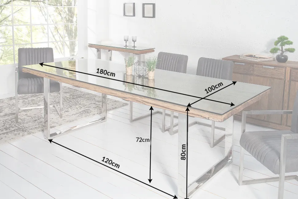 Massiver Esstisch BARRACUDA 180cm antik Teak Holz mit Stahl Kufenfüßen inkl. Glasplatte