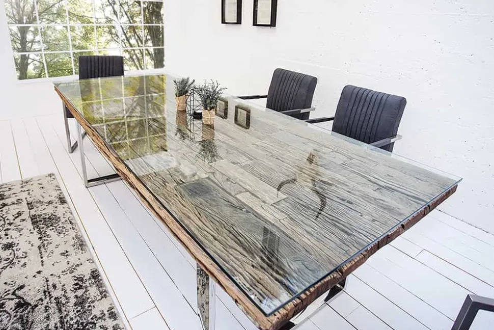 Massiver Esstisch BARRACUDA 180cm antik Teak Holz mit Stahl Kufenfüßen inkl. Glasplatte