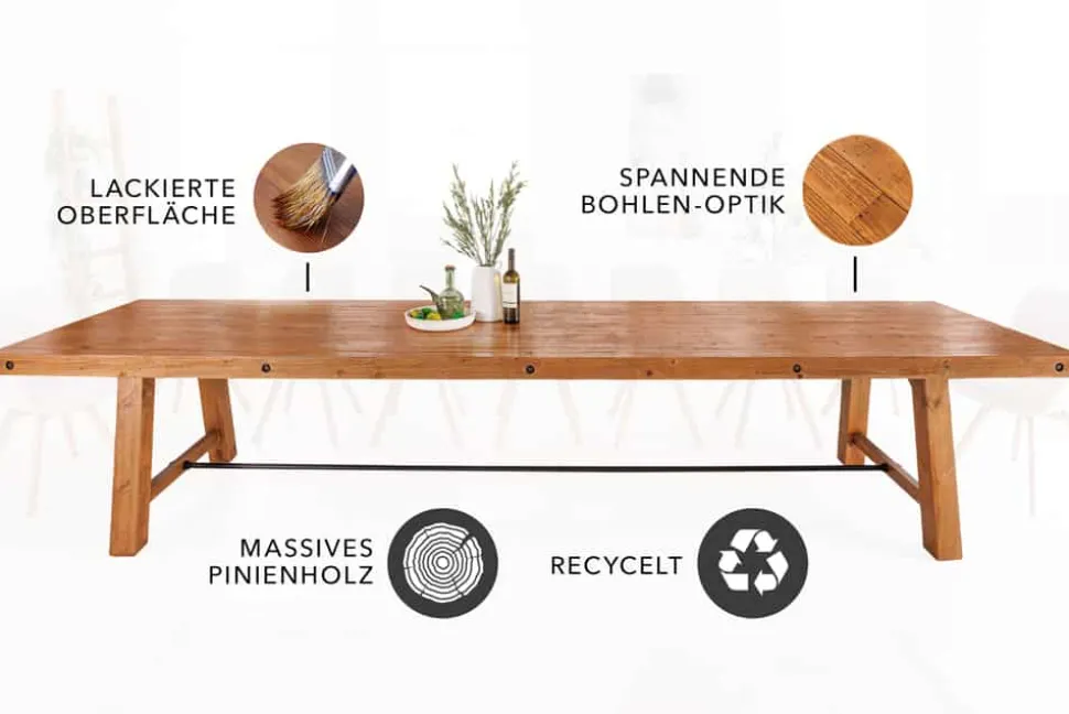 Massiver Esstisch FINCA 300cm vintage braun recyceltes Pinienholz