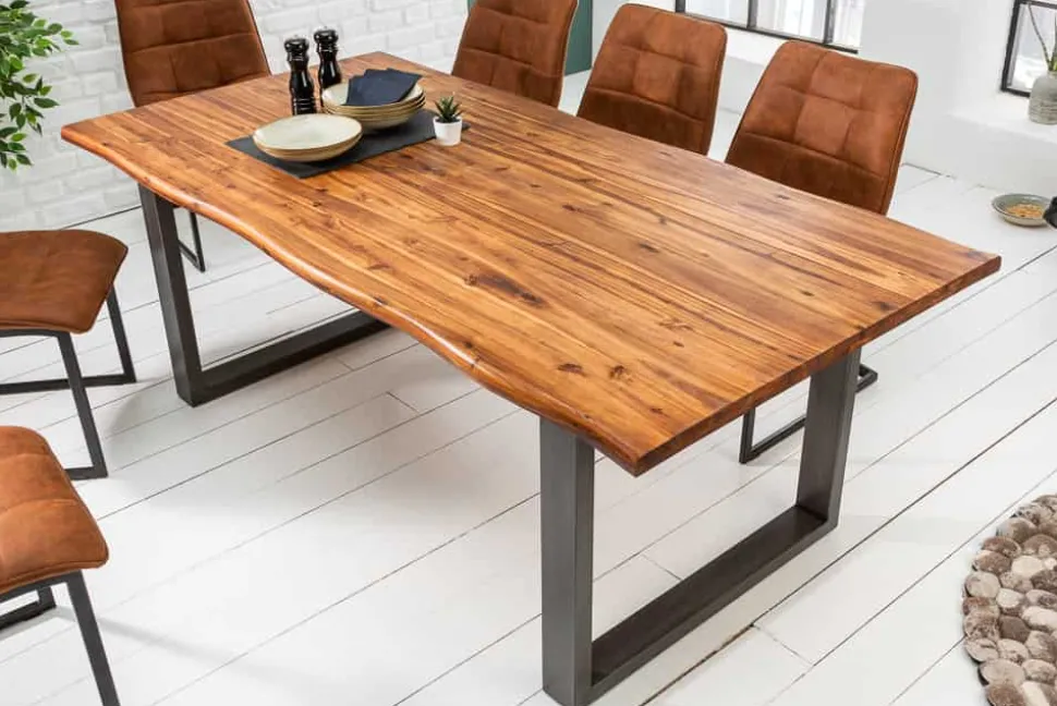 Massiver Esstisch GENESIS 200cm braun Akazienholz Baumkante Eisengestell Industrial