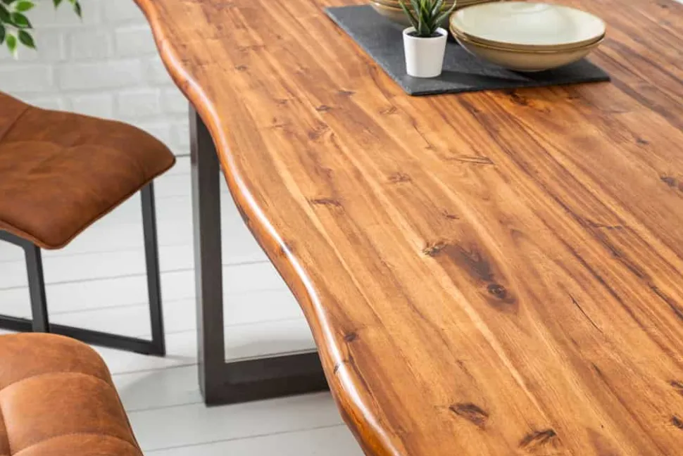 Massiver Esstisch GENESIS 160cm braun Akazienholz Baumkante Eisengestell Industrial