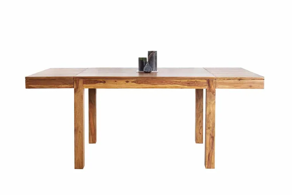 Massiver Holz Esstisch PURE 120-200cm braun Sheesham stone finish mit Ansteckplatten