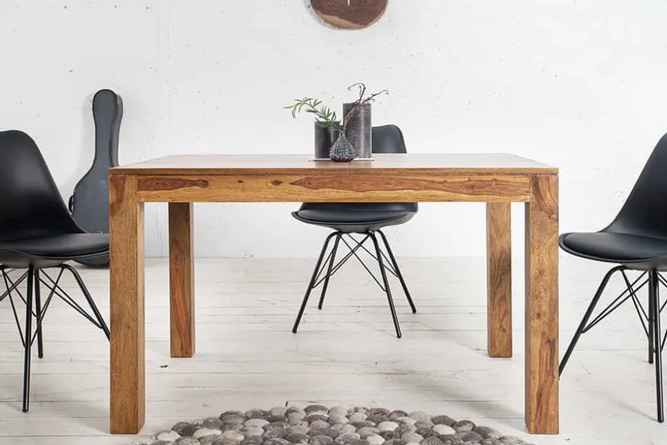 Massiver Holz Esstisch PURE 120-200cm braun Sheesham stone finish mit Ansteckplatten
