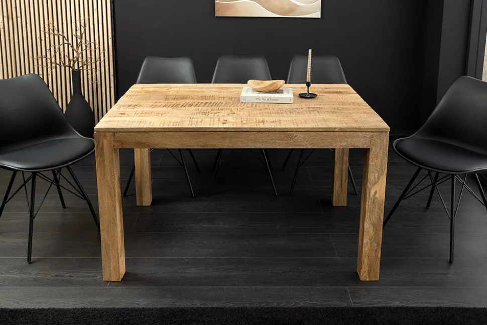 Massiver Holz Esstisch PURE 120-200cm natur Mangoholz mit Ansteckplatten