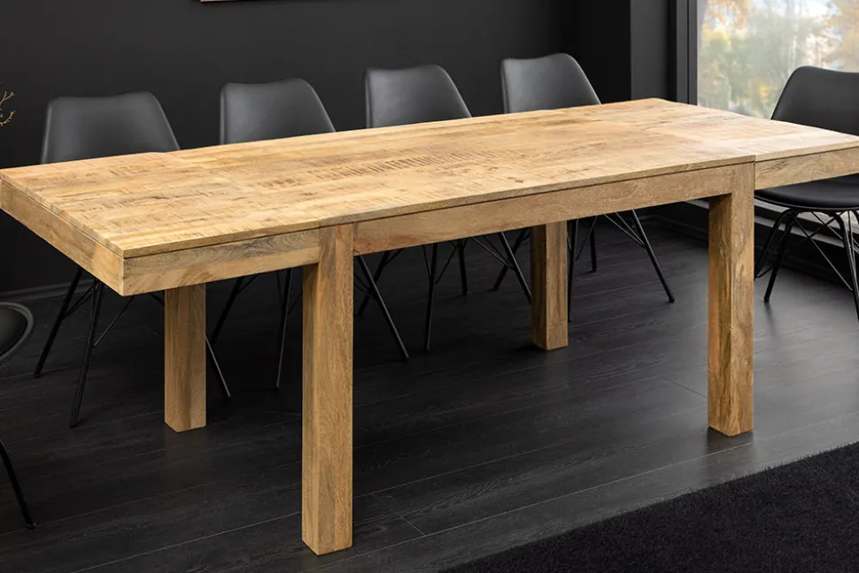Massiver Holz Esstisch PURE 120-200cm natur Mangoholz mit Ansteckplatten