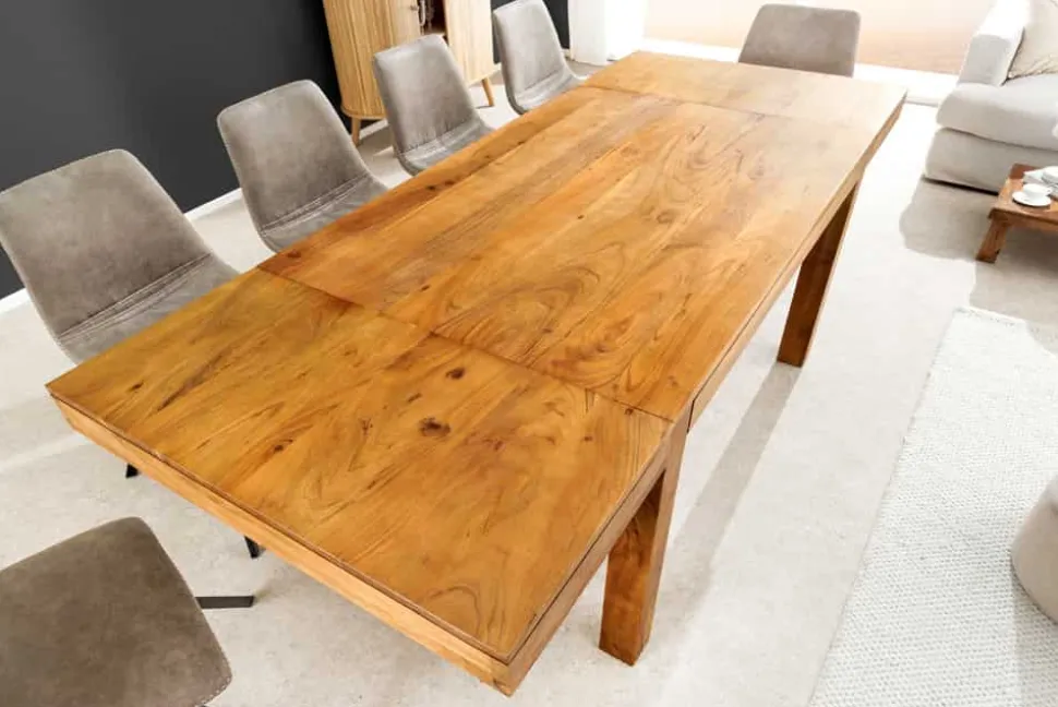 Massiver Holz Esstisch PURE 120-200cm natur honey finish Akazie mit Ansteckplatten