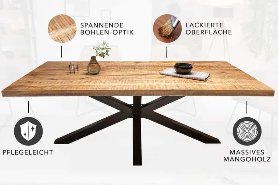 Massiver Industrial Esstisch GALAXIE 180cm Mangoholz sternenförmiges Gestell