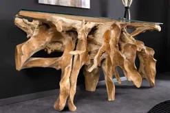 Massiver Konsolentisch ROOT 150cm natur Teak Massivholz aus Wurzelholz Glasplatte