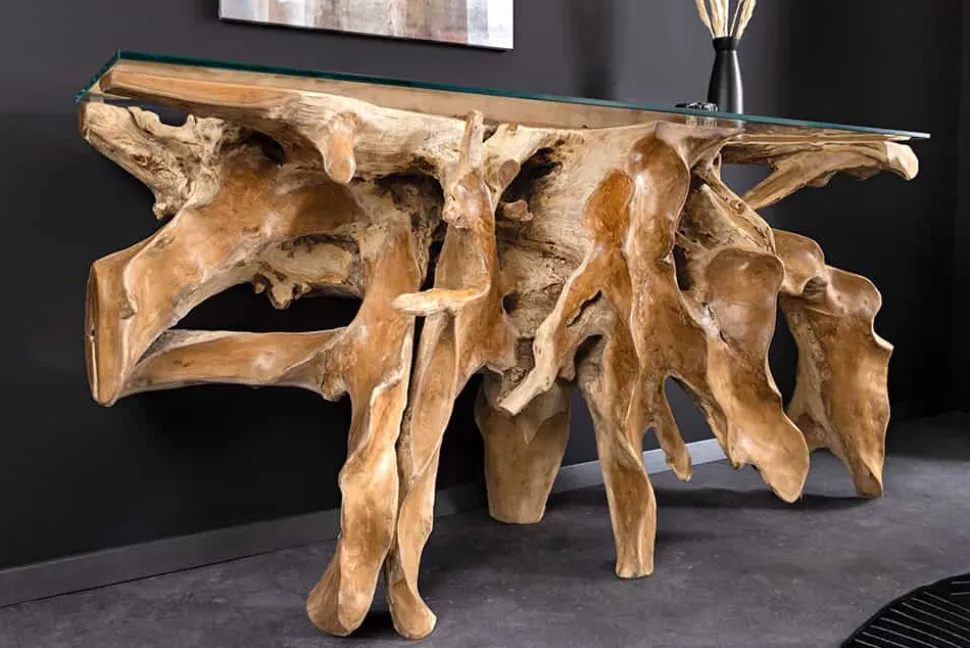 Massiver Konsolentisch ROOT 150cm natur Teak Massivholz aus Wurzelholz Glasplatte