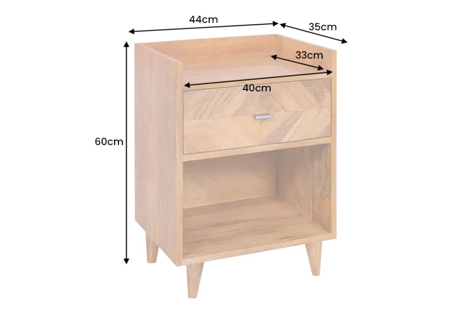 Massiver Nachttisch INFINITY 60cm natur Mangoholz mit Fach und Schublade