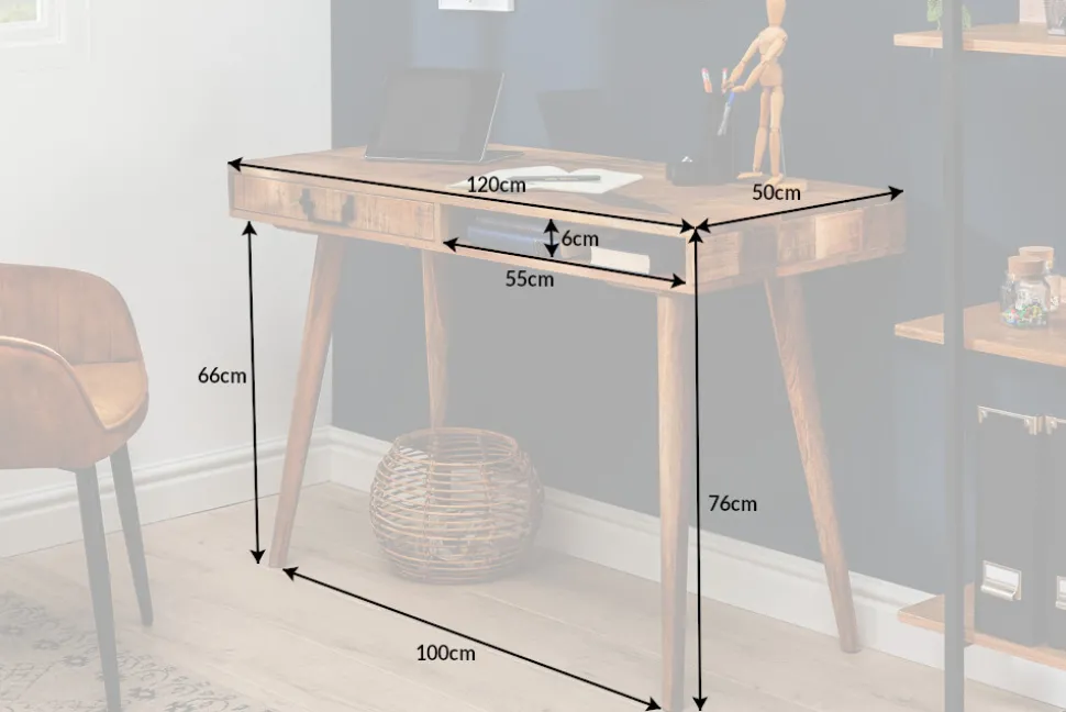 Massiver Schreibtisch RETRO 120cm Mangoholz Bürotisch mit Schublade