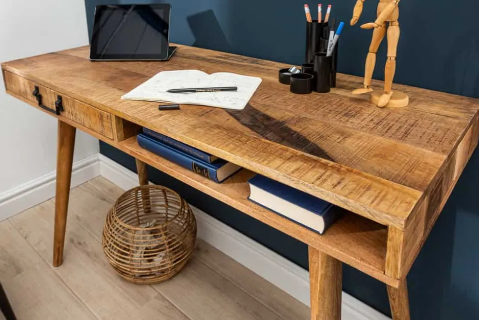 Massiver Schreibtisch RETRO 120cm Mangoholz Bürotisch mit Schublade